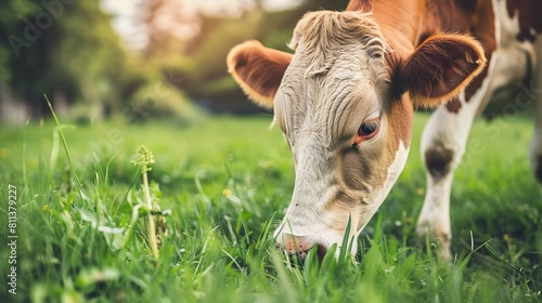 Contentment in the Pasture: A Close-Up of a Grazing Cow in Lush Greenery (Natural Milk Production)