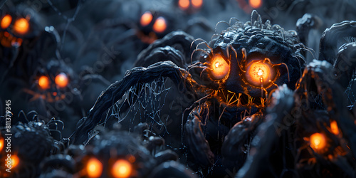 Group of Spiders with Glowing Eyes, Close-Up of Glowing Spider Eyes in the Dark