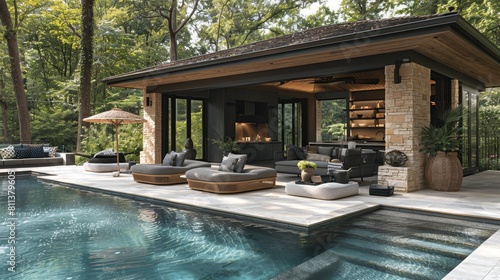 backyard pool oasis, the perfect spot to relax by the pool: a cabana with comfy chairs, a straw umbrella, creating the ultimate backyard retreat for lounging