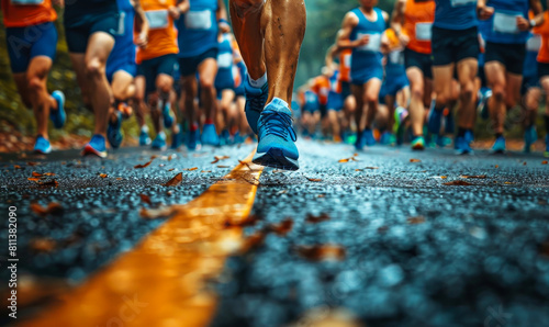 Intense Marathon Race: Powerful Strides Toward Victory, Determination and Perseverance on Display in Crowded Street during Daylight Hours