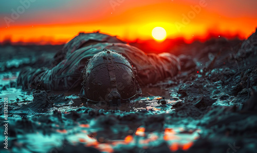Fallen Hero at Sunset: Poignant Depiction of a Solitary Soldier Laid to Rest in Muddy Battleground