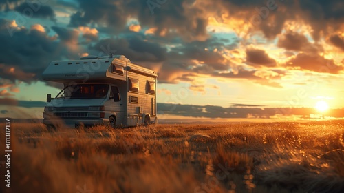 Camper caravan camping on nature at sunset. Traveling in motor home.