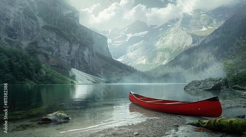 A red canoe is docked on the shore of a picturesque lake with majestic mountains towering in the background, surrounded by a serene natural landscape under a cloudy sky AIG50