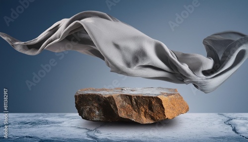 3d display stone podium gray background luxury flying cloth in motion glamour minimal rock pedestal for beauty cosmetic product presentation feminine copy space template studio 3d render
