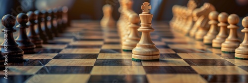 Chessboard with focus on the king standing amidst pawns and other pieces, depicting strategy and leadership