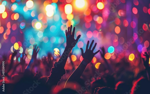 Enthusiastic crowd raising hands at a concert under beaming lights.