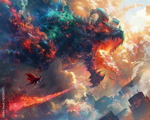 Capture a dynamic scene of a superhero fighting pollution monsters from a bird's eye view Showcase the scale and impact on the environment in vivid colors, blending fantasy with reality Traditional Ar