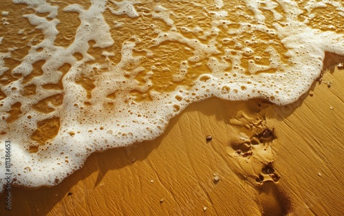 Golden sandy beach with footprints washed by serene waves.