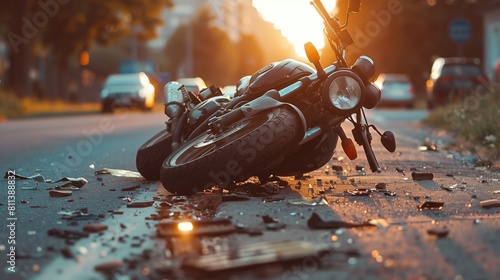 Broken motorcycle on the asphalt road in the rain. The concept of accident