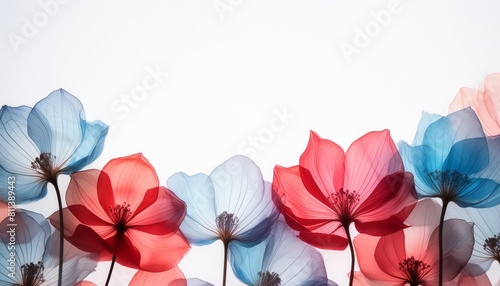 red blue floral border with transparent x ray flowers at white background with copy space