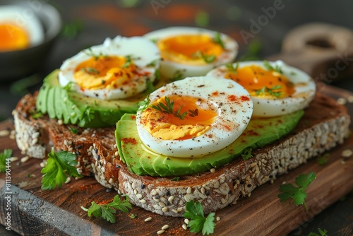 A vibrant open-faced sandwich with avocado and boiled eggs sprinkled with herbs on a whole grain bread