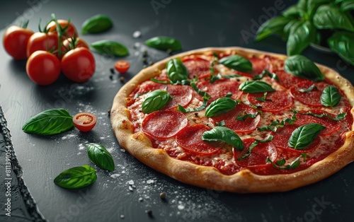 Pepperoni pizza with basil and tomatoes on a dark surface.