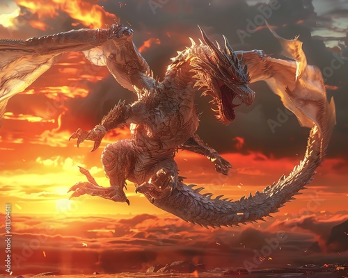 Experience the raw power of a dragon executing a flawless roundhouse kick against a vibrant sunset backdrop, utilizing photorealistic digital rendering techniques