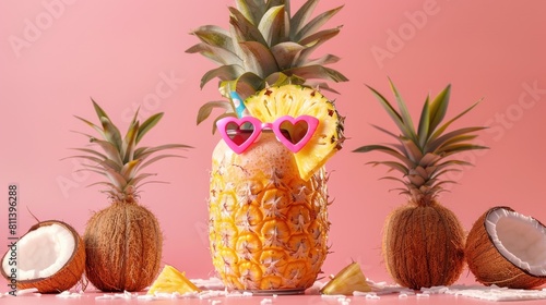 A fizzy drink in a can is placed in a half-cut pineapple. The drink has a pineapple flavor and is topped with heart-shaped sunglasses. Two small coconut trees are on either side of the pineapple