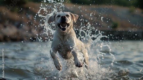 Labrador jumps in the water 