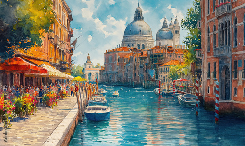 A painting of boats on a serene canal.