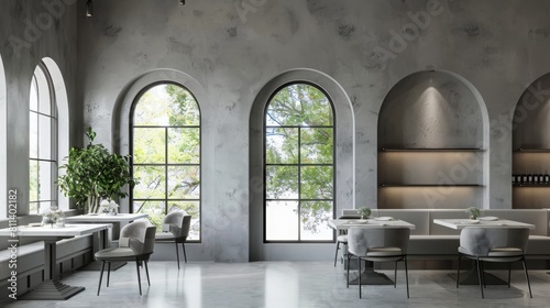gray restaurant corner with arched windows