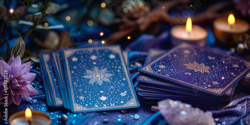 Blue and gold tarot cards on the back, quartz candles and flowers 