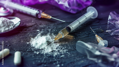 syringe drug with white powder heroin powder in a spoon and small bags and tablets