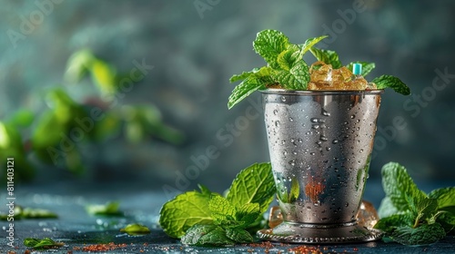 Stylish silver mint julep cup with green mint leaves and straws, ideal for refreshing drinks