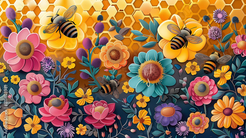Nature's sweet symphony: A harmonious blend of buzzing bees, blooming flowers, and golden honeycomb captures the essence of pollination. May 20th, World bee day concept