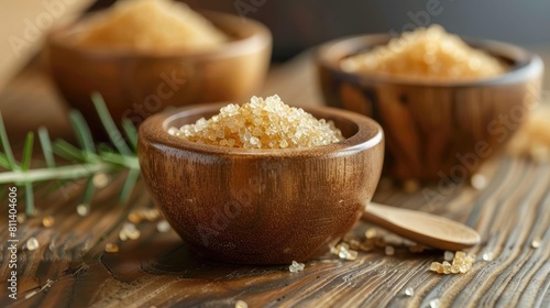 Organic brown sugar from Saccharum officinarum presented in separate wooden bowls