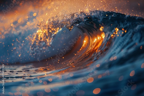 A mesmerizing shot of a wave's curl set ablaze by the sunset creating a scene full of energy and drama