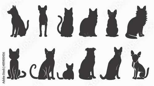cats and dogs sitting silhouette isolated vector 3D avatars set vector icon, white background, black colour icon