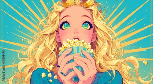 pop art style of a woman with sunglasses and popcorn enjoying the movie in a cinema hall