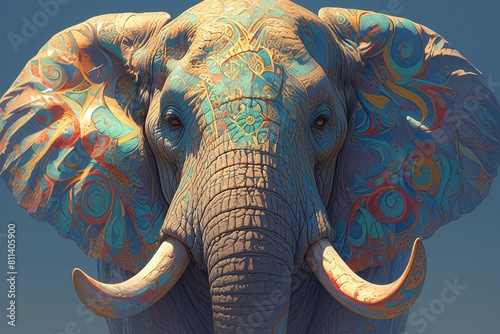 Elephant with colorful patterns on its skin, standing against dark background. The animal has long tusks