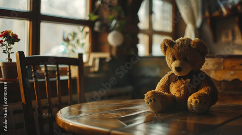 Cute teddy bear sits on a round wooden table in front of the window