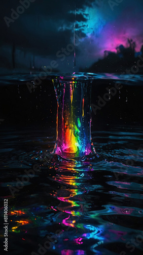 Bubbling water with a rainbow glare on the surface, night landscape
