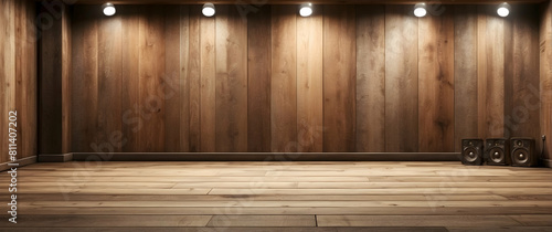 Warm wooden room with spotlights and speakers