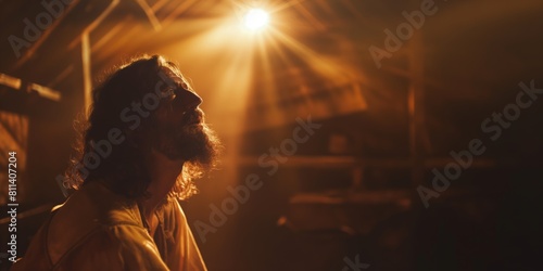 A pensive man is bathed in radiant beams of light, creating a powerful portrayal of enlightenment or revelation