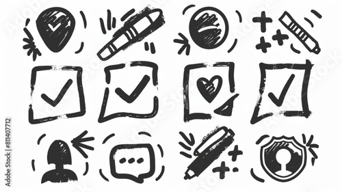 Doodle check marks. Hand drawn symbols for checking and voting, task list checkbox with cross and tick signs vector icons set. 3D avatars set vector icon