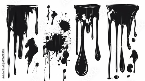 Dripping oil and paint. Seamless pattern with black silhouette melting liquid. Drip, splash, flows inks border. Painted background