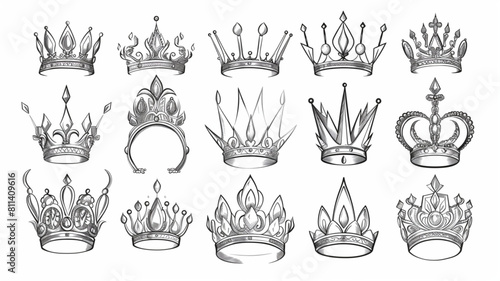  Hand drawn crown. Simple sketch royal king and queen crowns, hand drawn elegant majestic tiara and monarch graffiti vector icons set.