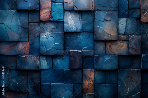 abstract background of a wall of square stones, mostly blue in color