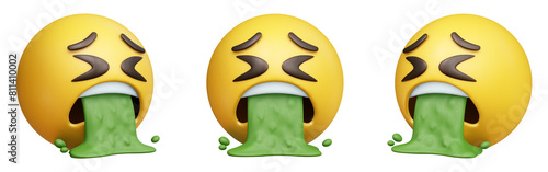 Face vomiting three-dimensional emoji. Disgusted emoticon isolated on transparent background. 3D rendering