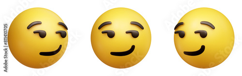 Smirking face three-dimensional emoji. Smug or flirtatious emoticon isolated on transparent background. 3D rendering