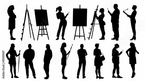  people painting on an easel silhouette on a white background vector 3D avatars set vector icon, white background, black colour icon