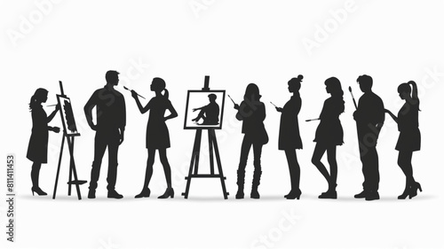  people painting on an easel silhouette on a white background vector 3D avatars set vector icon, white background, black colour icon