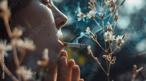 A person taking a deep drag from a cigarette, emphasizing the addictive nature of tobacco