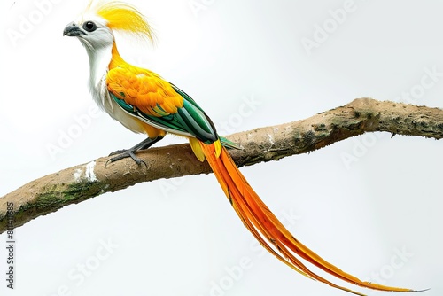 beautiful long tailed full color bird standing in branch of tree isolated on white background 