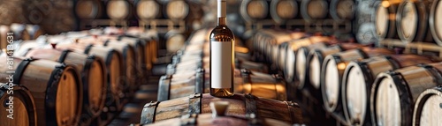 There is a white wine bottle mock-up positioned atop an aged barrel, surrounded by rows of barrels within a winery or castle-like structure