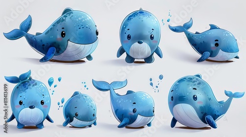 A set of cute cartoon whales. They are blue and have big eyes. They are all smiling and look happy.
