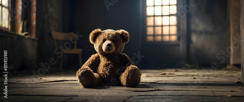 Lonely teddy bear in an old room