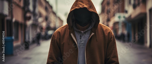 Faceless person in hoodie on urban street