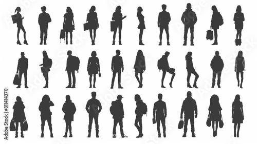 silhouette people standing, collection on white background vector 3D avatars set vector icon, white background, black colour icon