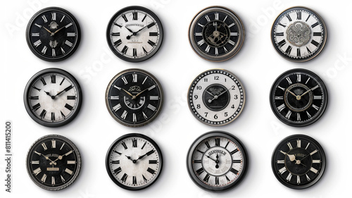 Vintage clock face. Antique classic round clocks with arabic and roman numerals, retro watch face with hour and minute arrow 3D avatars set
